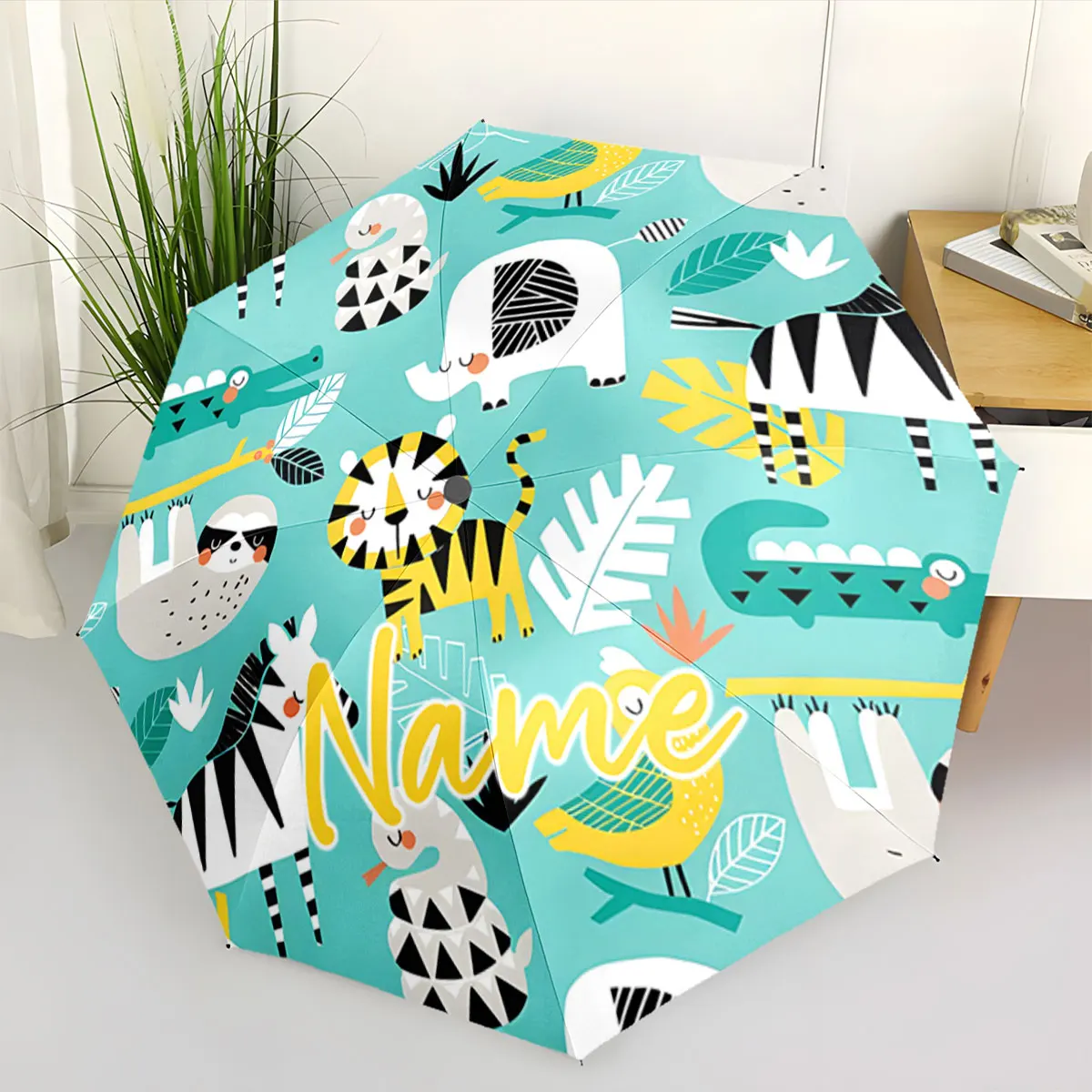 Custom Name Colorful Animal Pattern Umbrella with Creative Design Print 8 Iron Ribs Folding Umbrella Auto-Open Fashion Sunshade