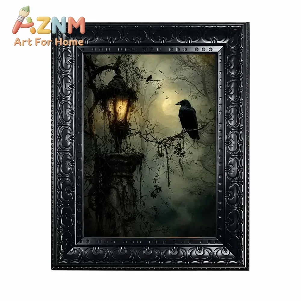Halloween Wall Art, Framed Canvas Wall Art Gothic Crow Vintage Lantern Print for Dark Academia Spooky Moody Home Decor