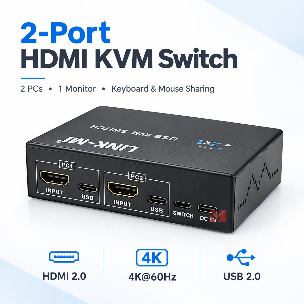 2 Port HDMI KVM Switch 4K60Hz USB 2.0 Switcher 2 PC 1 Monitor Keyboard Mouse Selector HDMI 2.0 for Windows Mac Linux Ubuntu
