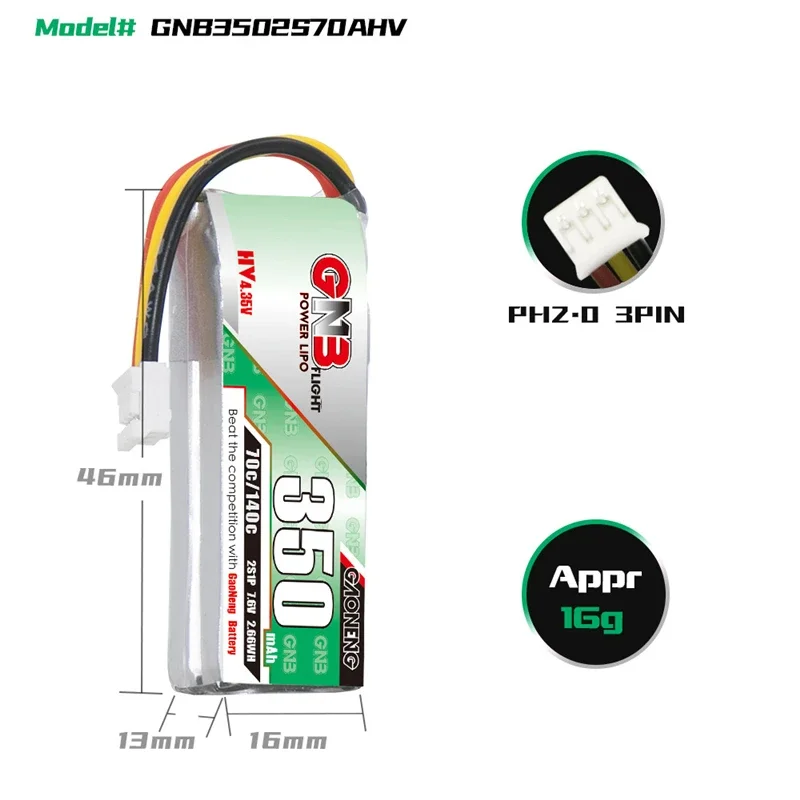 1-10 pz Gaoneng GNB 350mah 2S 7.6V 70C/140C HV Lipo batteria PH2.0/3PIN spina per Emax Tinyhawk S quattro assi Indoor FPV droni