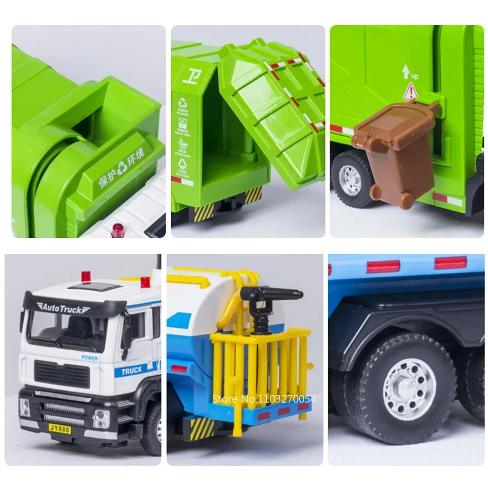 1/50 Sanitation Truck Model Car Toy Alloy Diecast Sprinkler Truck Rubber Tires Sound Light Pull Back Toys Festival Gift for Kids