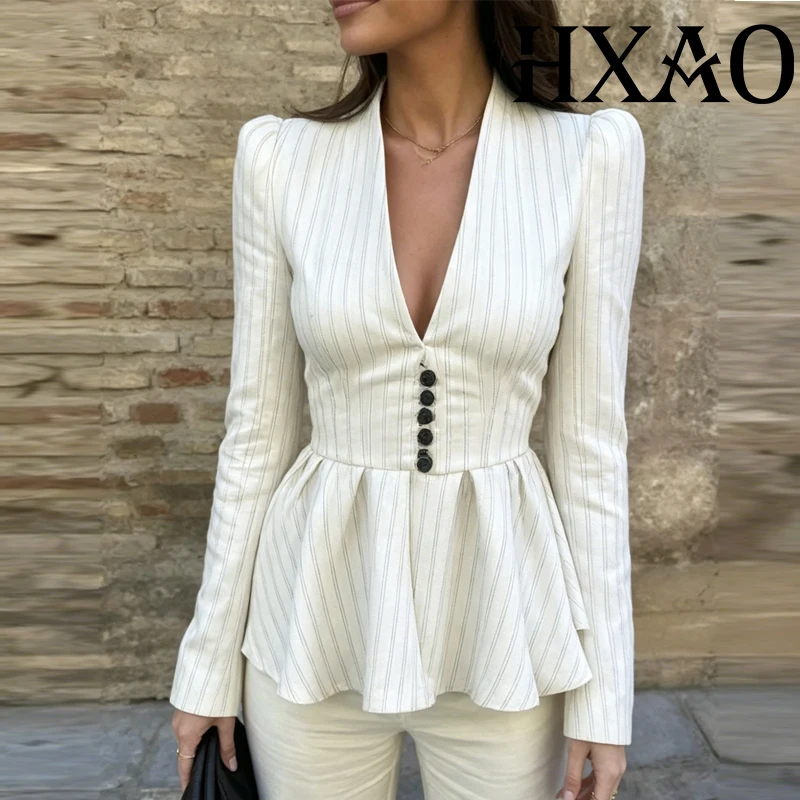 HXAO Button Striped Jacket Fitted Blazer Woman 2026 Peplum Ruffled Women's Blazer Pleats Long Sleeve Top Office Wear Suit Coat