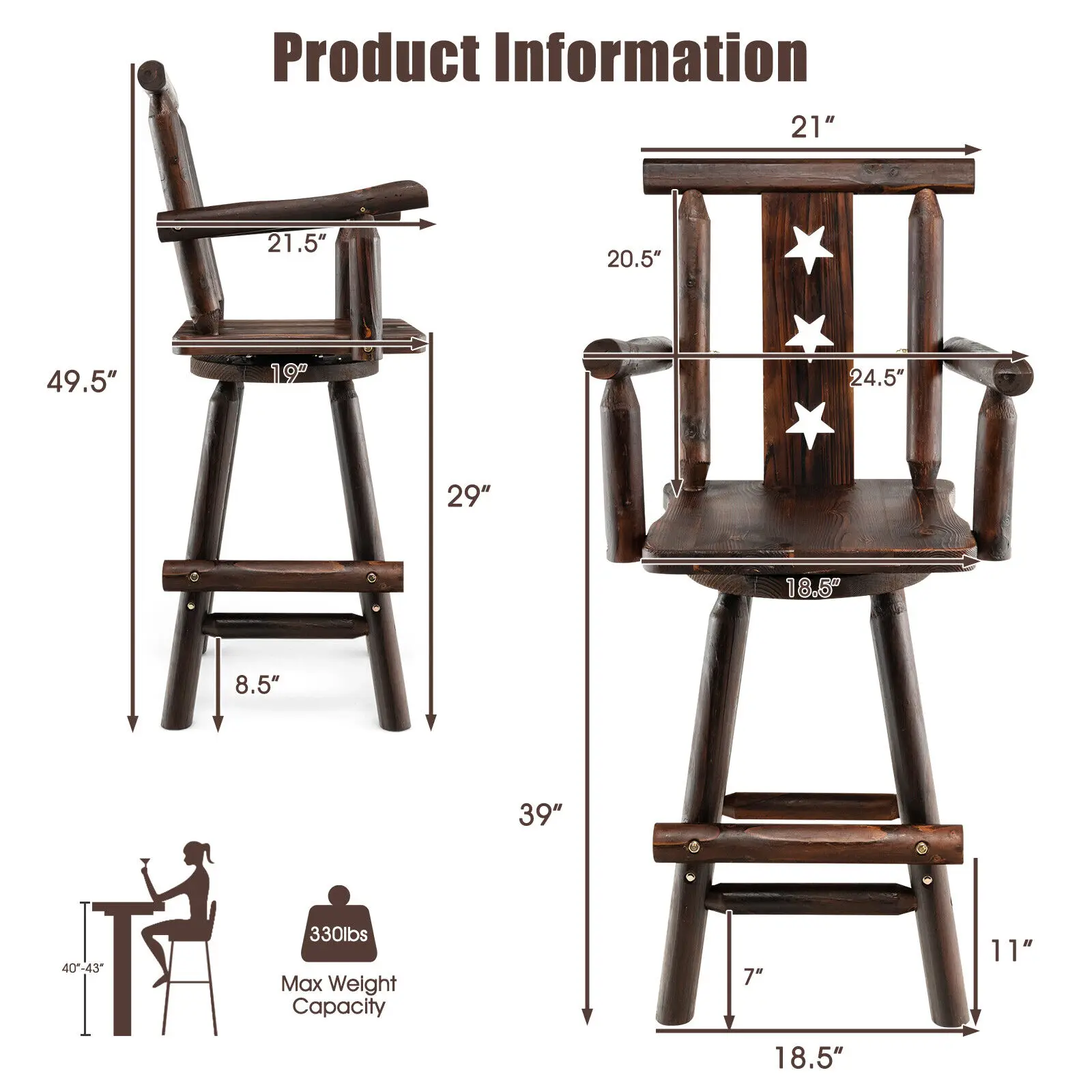 Costway Wooden Bar Stool Swivel Bar Height Kitchen Patio Chair w/ Back & Armrest Brown