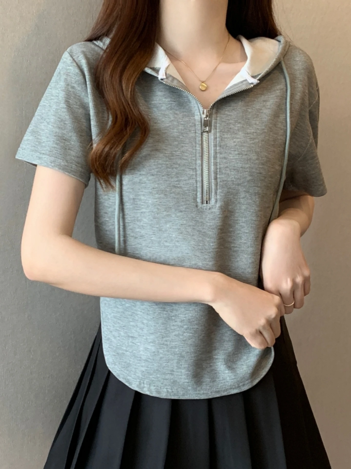 Slimming Short Sleeve Zipper Hoodie T-Shirt Women's Summer New Style plus Size Base Layer Top Korean Style Half Zipper Design
