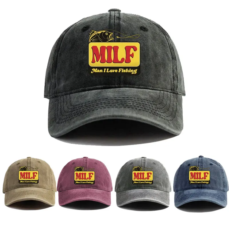 MILF Man I Love Fishing Baseballkappe Vintage Distressed Dad Hats Herren Outdoor Verstellbare Passform Mütze Design Trucker Cap – Detail 1