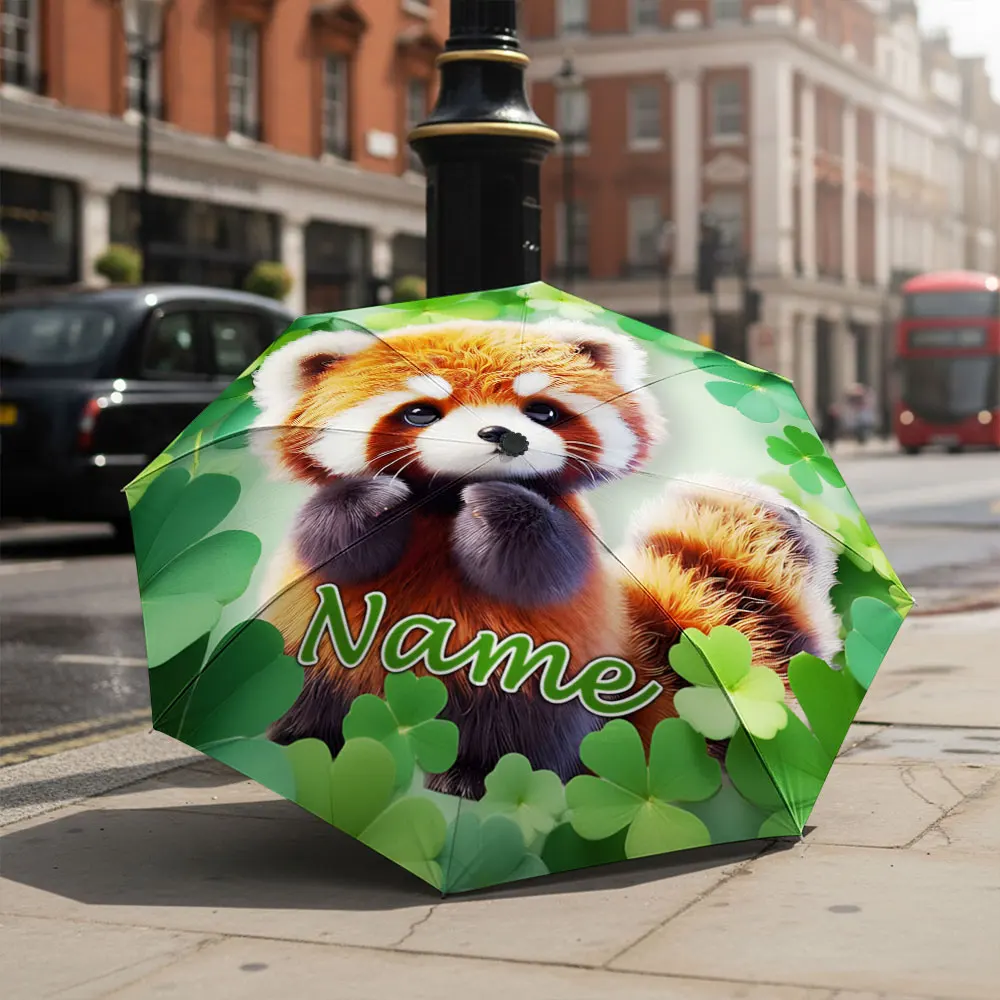 Custom Name Umbrella Cute Red Panda Four‑Leaf Clover Print Folding Umbrella Compact Portable Travel Parasol For Kids Adults