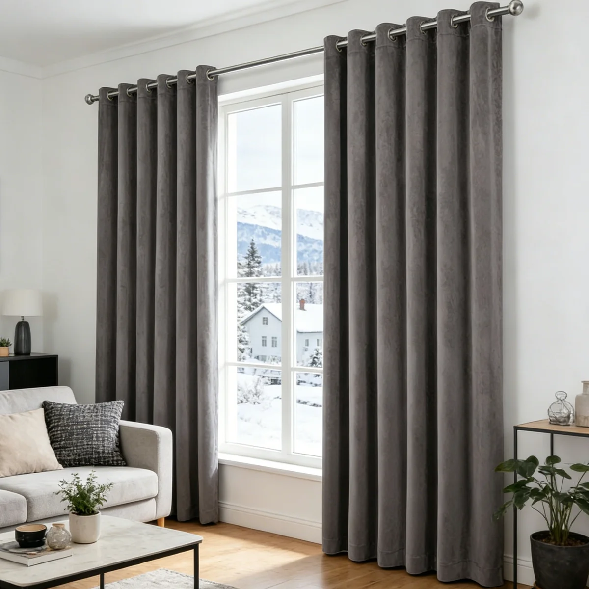 Cortinas de Terciopelo Gris Oscuro Semiopacas, Cortinas con Ojales con Aislamiento Térmico, Cortinas Opacas Suaves y Pesadas para Sala de Estar y Dormitorio