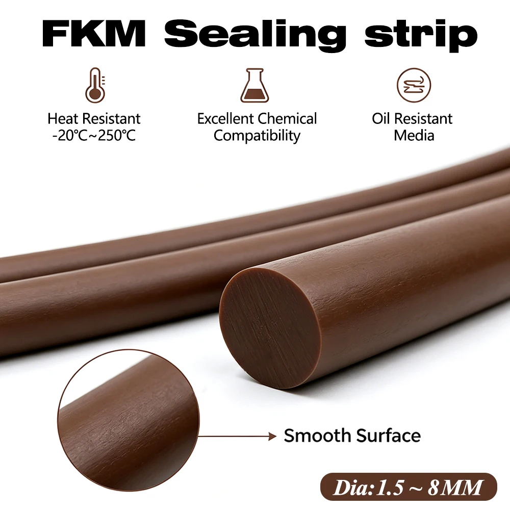Solid Round FKM Sealing Cord 5-20M Brown Vitons Fluororubber Strip Not Foaming Dia1.5-8mm High Temp Resist Shower Seal Strip