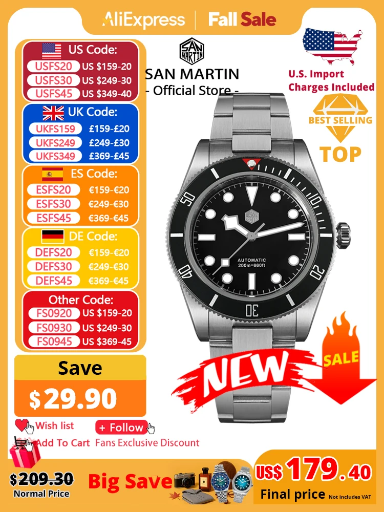 

San Martin Upgraded BB58 40mm Retro Luxury Men Diver Watch NH35 Automatic Mechanical Sapphire 200m Waterproof Reloj SN0008D