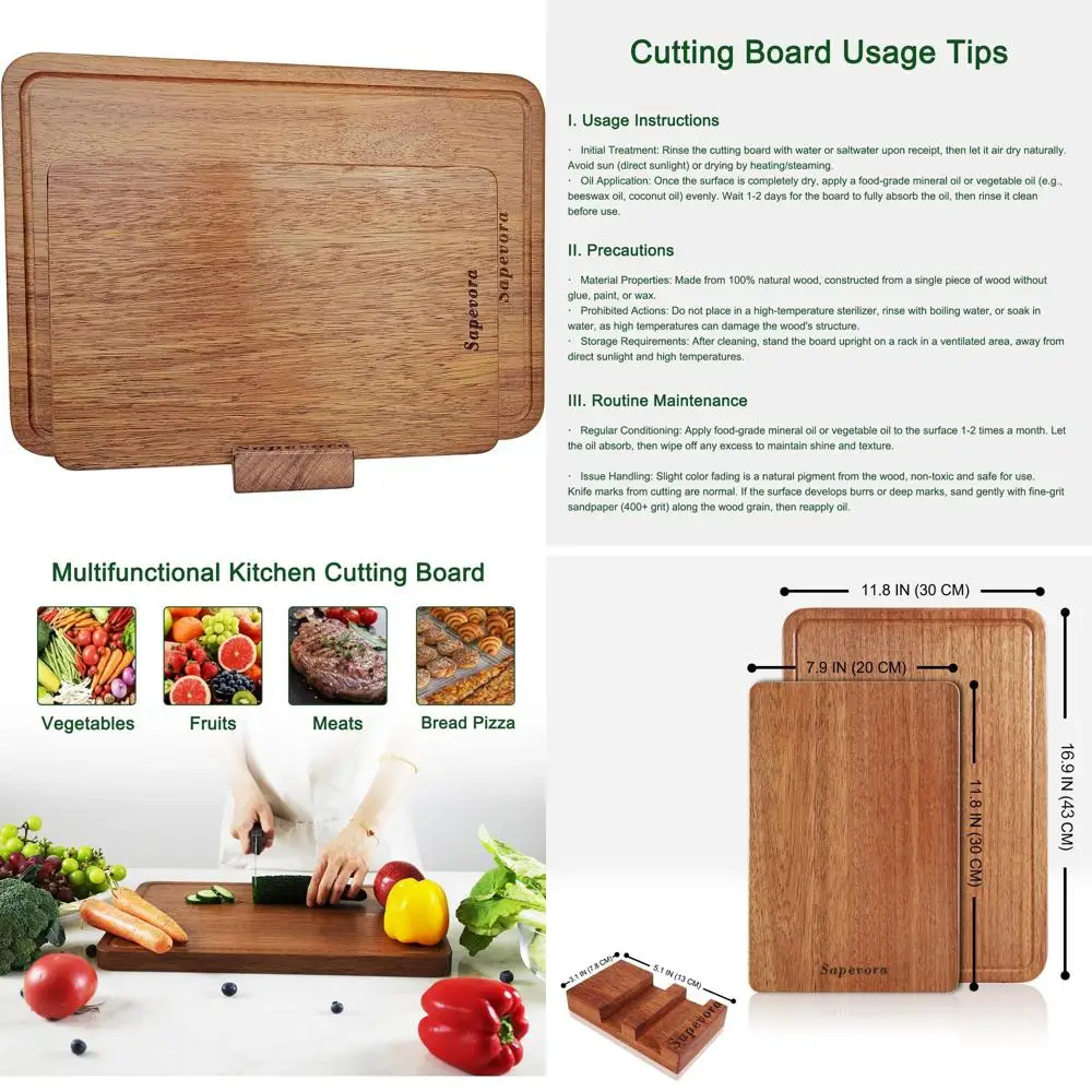 

Large Thick Solid Teak Wood Chopping Board Set with Deep Juice Grooves and Built-In Handles, 16.9x11.8 & 12x8 Inches