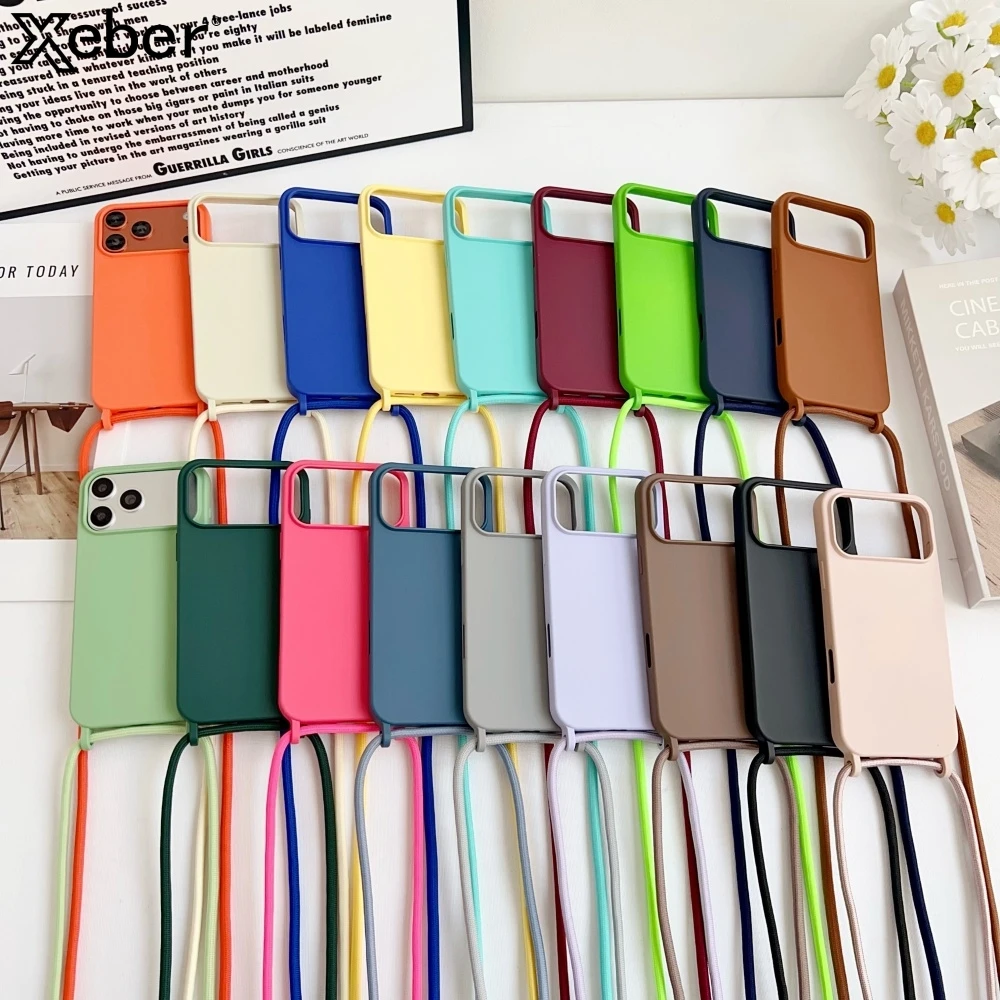 Flüssigsilikon-Umhängehülle mit Kordelriemen für iPhone 17 Pro Max 16 15 14 13 12 11 XR XS X Matte Soft Protection Cover