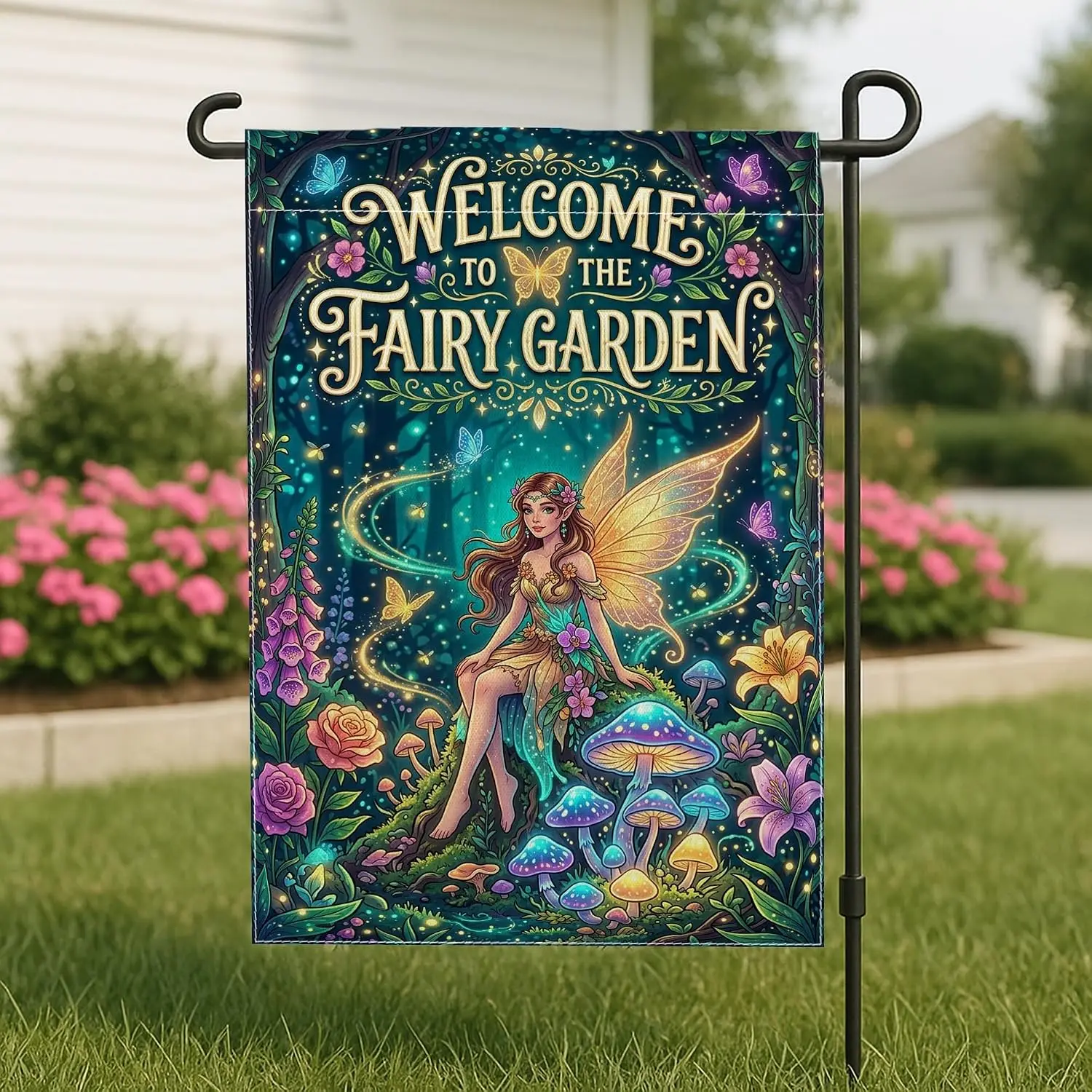 Fairy Garden Flag, Fantasy Fanciful Mushrooms Flowers Spring Green Burlap Double Sided Decorative Outside Flags for Outdoor  yyi
