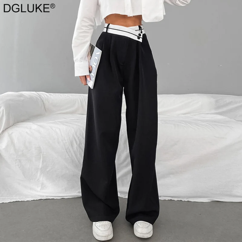 DGLUKE Women Fashion Elegant Wide Leg Pants Patchwork High Waist Long Pants Woman High Street Loose Black Trousers