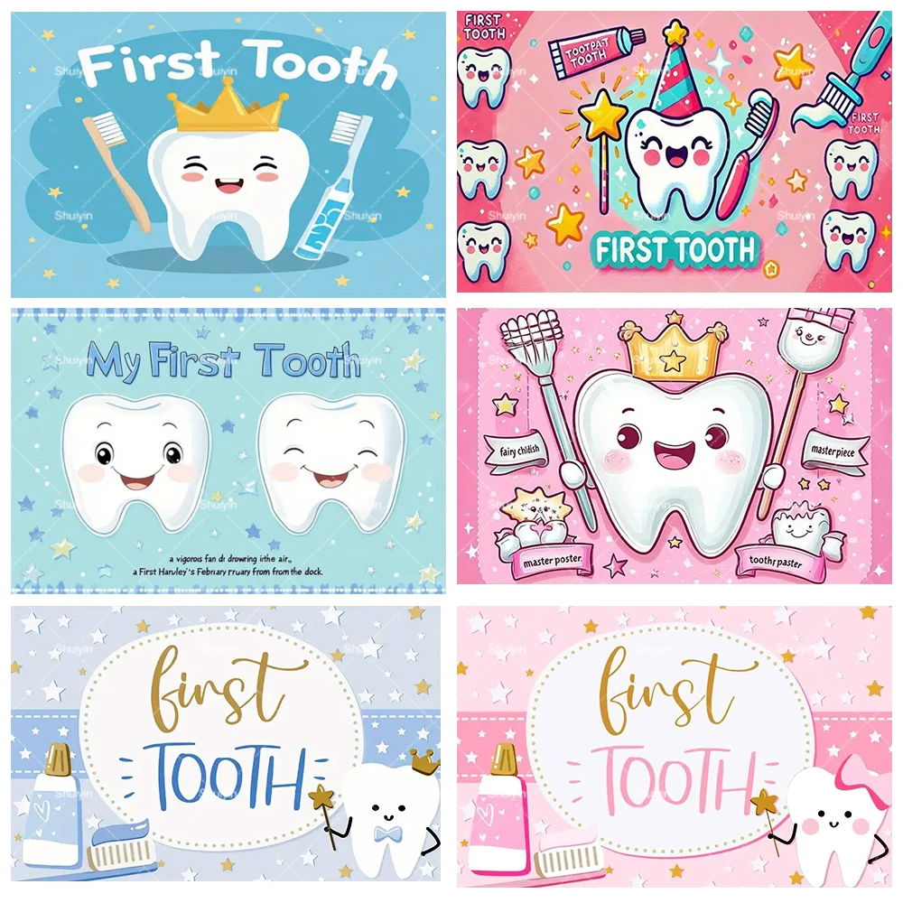 

My First Tooth Backdrop Cartoon Blue Pink Tooth Baby Birthday Party Girl Boy Baby Shower Decor Banner Background Custom Poster