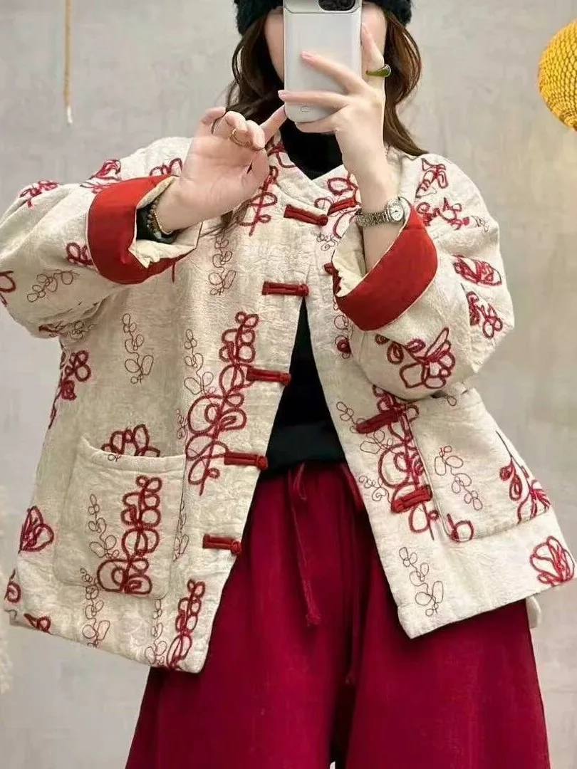 New Chinese Style Embroidered Cotton Liner Jacket Young Style Stand Collar Red Women's Winter Short Coat Retro Loose Fit