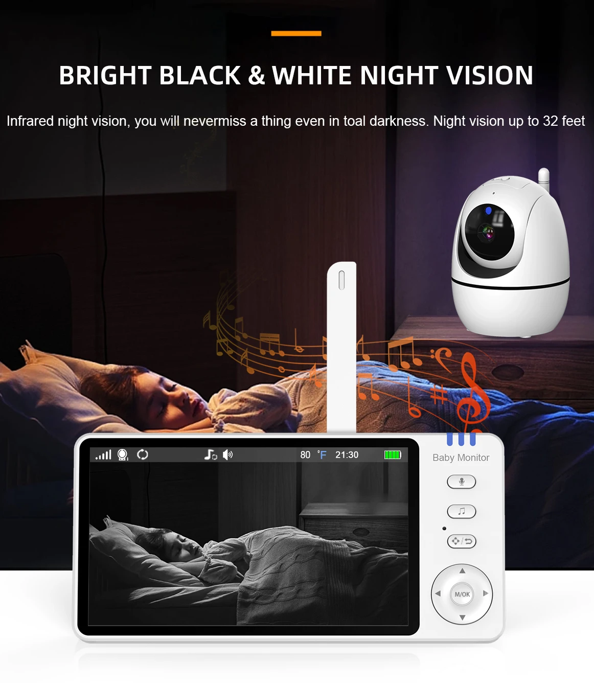 Baby  Camera Temperature Crying Detection Infrared Two-way Audio  Baby  With Motion Sensor 5 Inch Screen