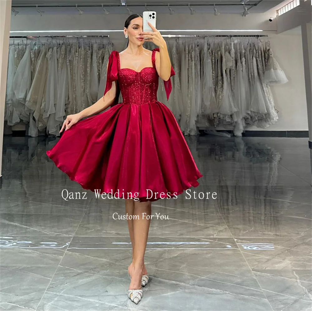 Qanz Pink Straps Prom Dresses Short A Line Sequined Vestidos De Graduación Glossy Satin Lace Up Back Birthday Dresses Customized