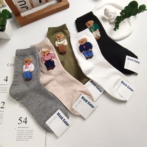 Imagen 2 del producto Calcetines bonitos de algodón a media pantorrilla con oso de dibujos animados para mujer, suéter informal, calcetines de oso para mujer adulta, ropa cómoda y transpirable para el hogar