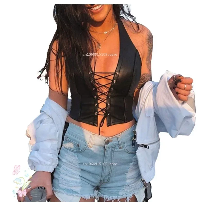 Women Sexy Gothic Patent Leather Backless Lace Up Crop Top Wet Look Corset Bra Vest Party Female Tank Tops Leather Corset