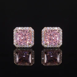 GEM'S BALLET 925 Sterling Silver Luxury Jewelry Women's Earrings Diamond-fire CZ- Diamond Pink Halo Stud Earrings Gift For Her