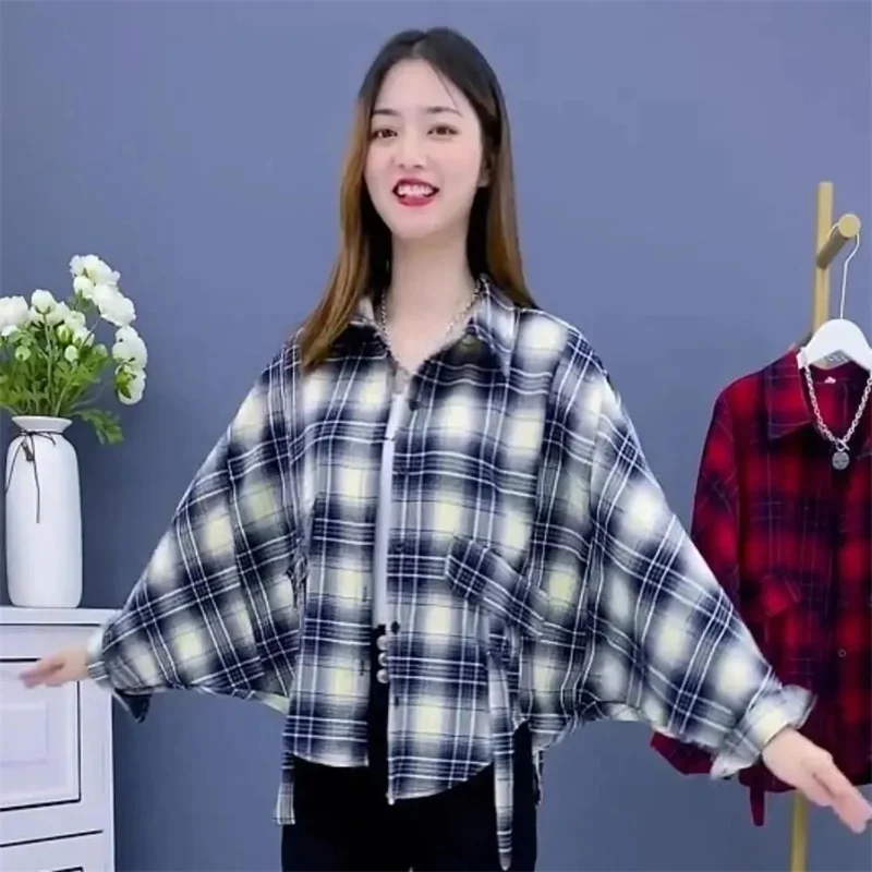 Fashion POLO collar Plaid Shirt For Women New 2025 Spring And Autumn Outfit Women's Bat Sleeve Cardigan Trendy Clothing Plus Siz