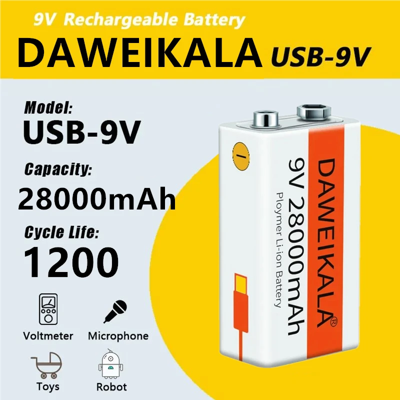 1-40pcs Daweikala USB-9V 28000mAh li-ion Rechargeable battery Type-C charge for Multimeter Microphone Toy Remote Control KTV use