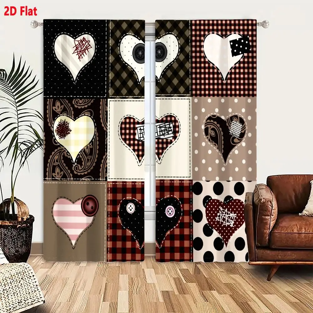 2Pcs Curtains Add 2D Flat Nine Panel Heart Shaped Patches Quilt Pattern Rustic Shabby Chic Decorative Textures Buttons Window Dr