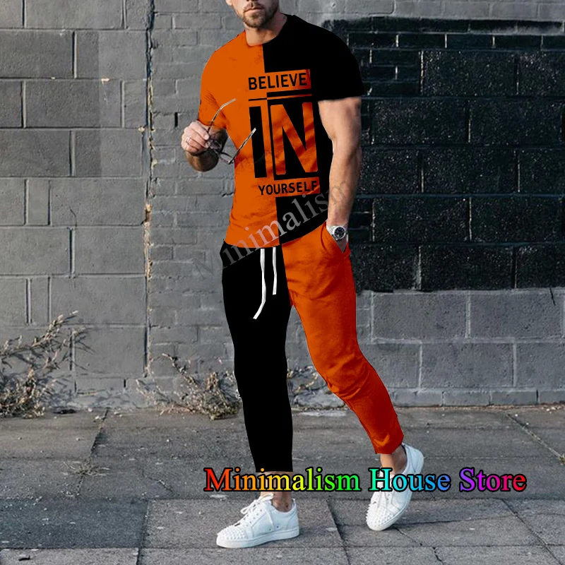 2 Piece Set Outfits Summer Tracksuit For Men Believe in Yourself Short Sleeve T Shirt+Long Pants Casual Sports Suit Male Clothes