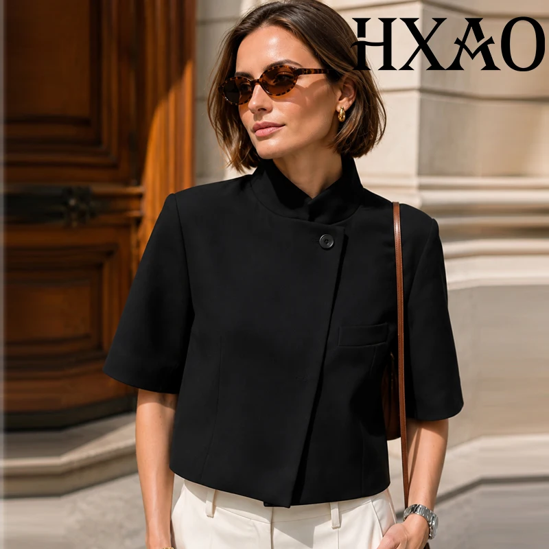 HXAO Women's Cropped Black Jacket Demi-Season Asymmetric Button Red White Jacket Fitted Button Short-Sleeved Sacos Blazer Mujer
