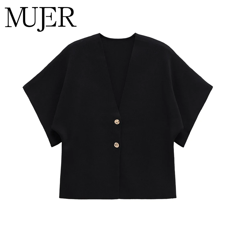 MUJER สีดํา Crop ถักเสื้อผู้หญิง 2025 แขนสั้นผู้หญิงฤดูร้อนสบายๆถักเสื้อสเวตเตอร์ถักผู้หญิงวันหยุดผู้หญิงเสื้อ