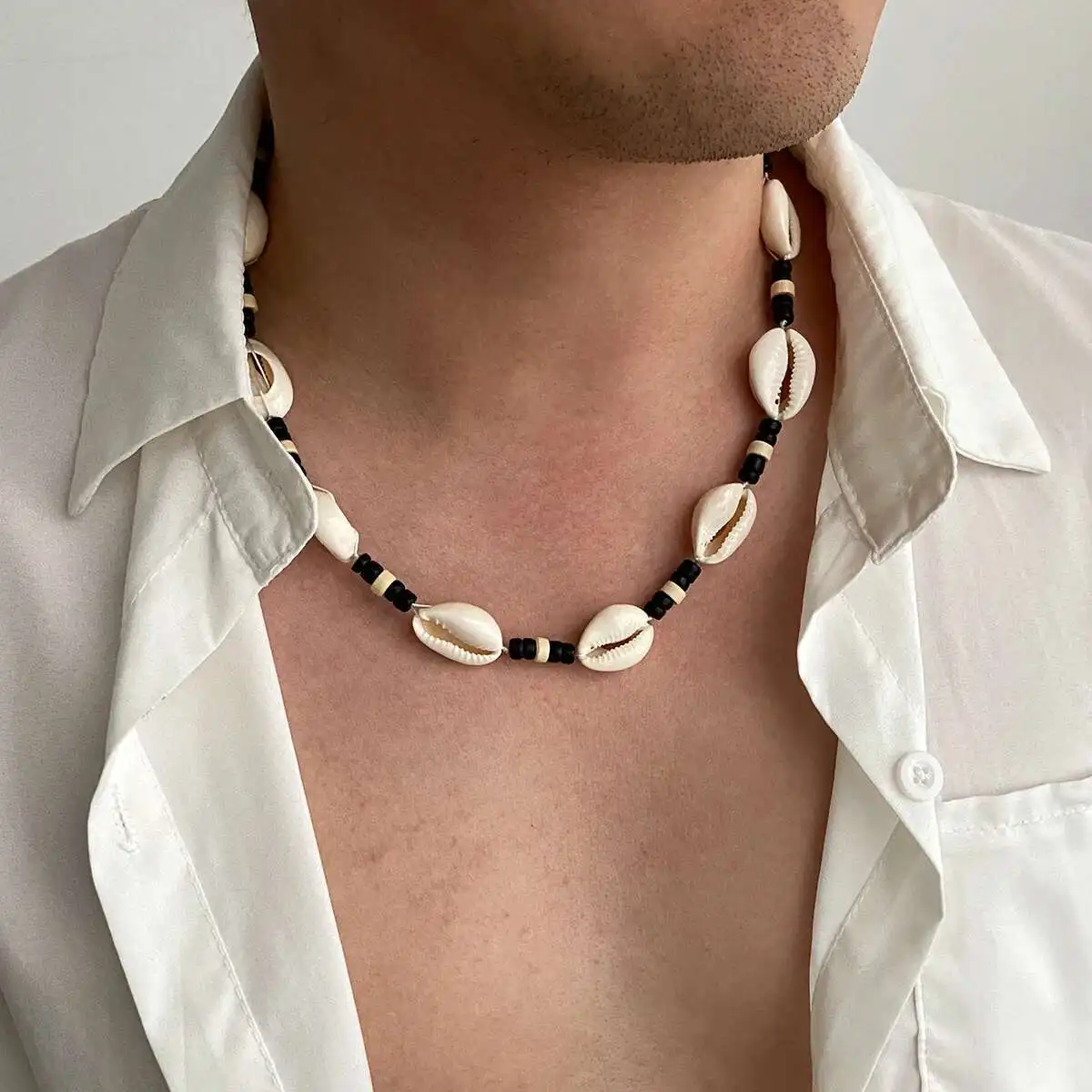 Ingemark Boho Ethnic Wooden Bead Conch Chain Necklace for Men 2025 Surfers Summer Ocean Beach Vacation Collar Neck Jewelry Gift