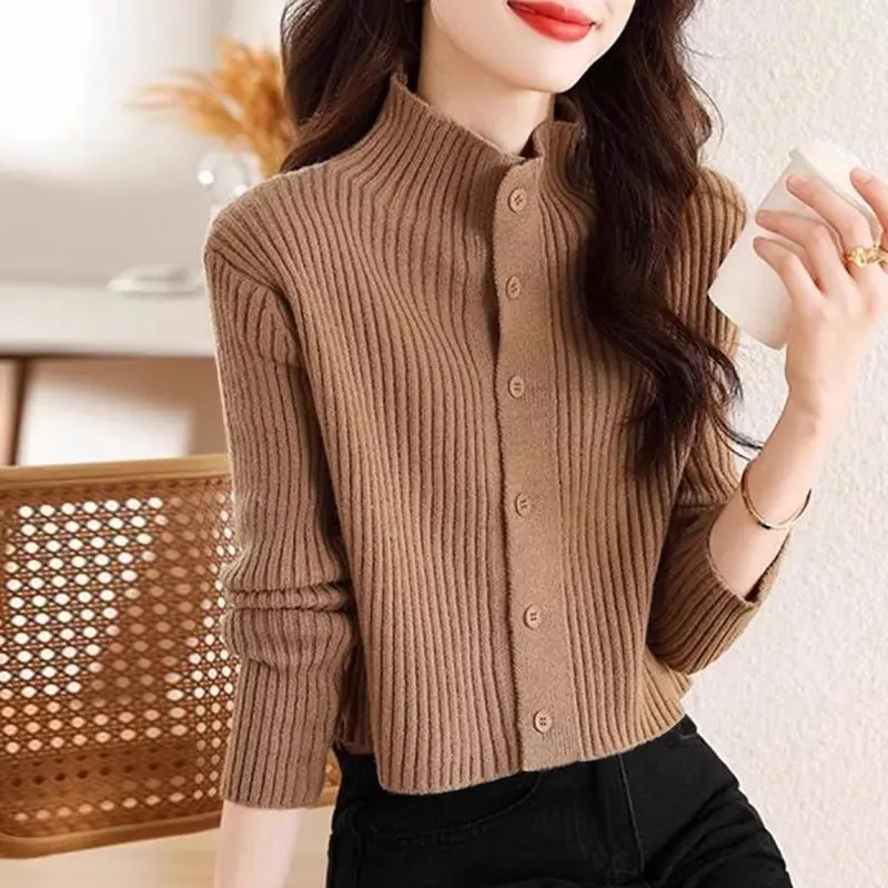 Half High Collar Knitted 2024 New Women\'s Autumn Winter Spliced Button Screw Thread Fashion Solid Color Casual Long Sleeve Tops