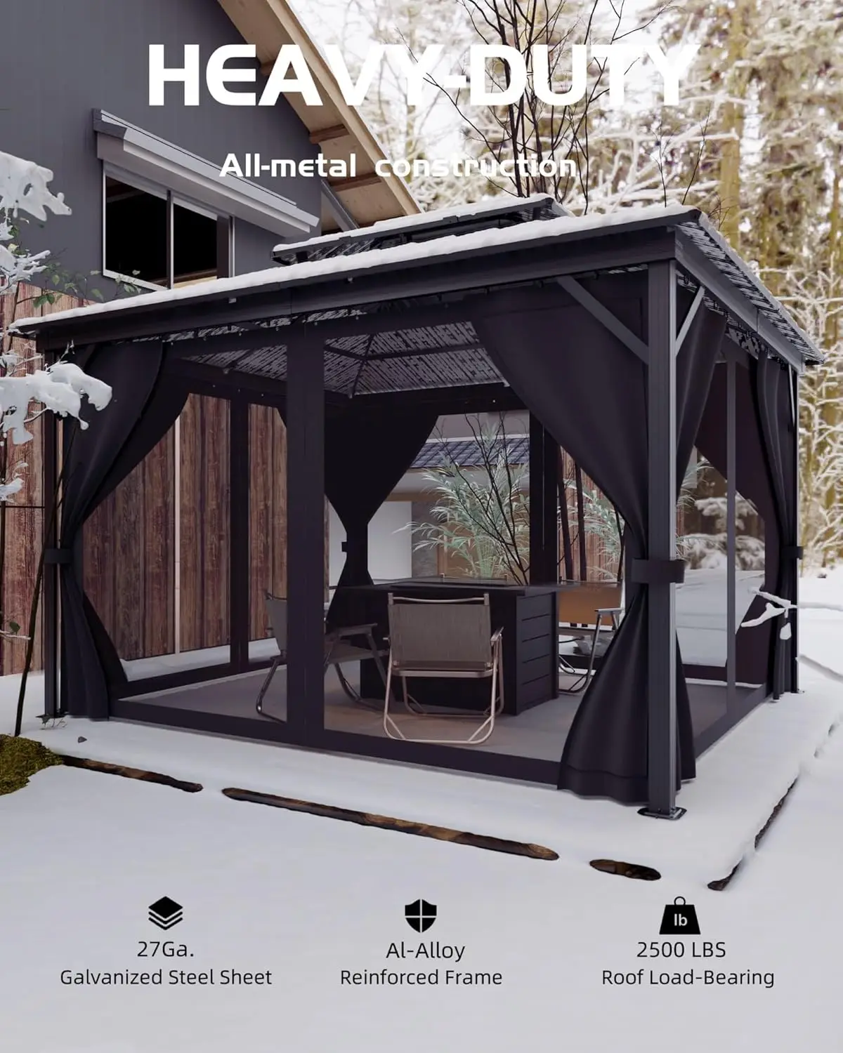 

Customized Aluminum Frame Permanent Pavilion, Hardtop Gazebo with Double Metal Roof, Curtains & Netting
