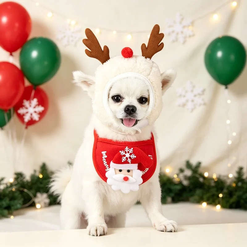 Christmas Two Piece Pet Set Winter Supplies Pet Hat Cat Garment Dog Bib Saliva Towel Holiday Dress Up Kit For Pets