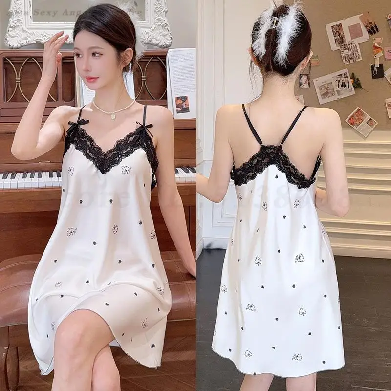 

Spaghetti Strap Nightdress Sexy Lace Patchwork Nightgown Intimate Lingerie Home Dress Print Chemise Sleepwear Satin Nightwear