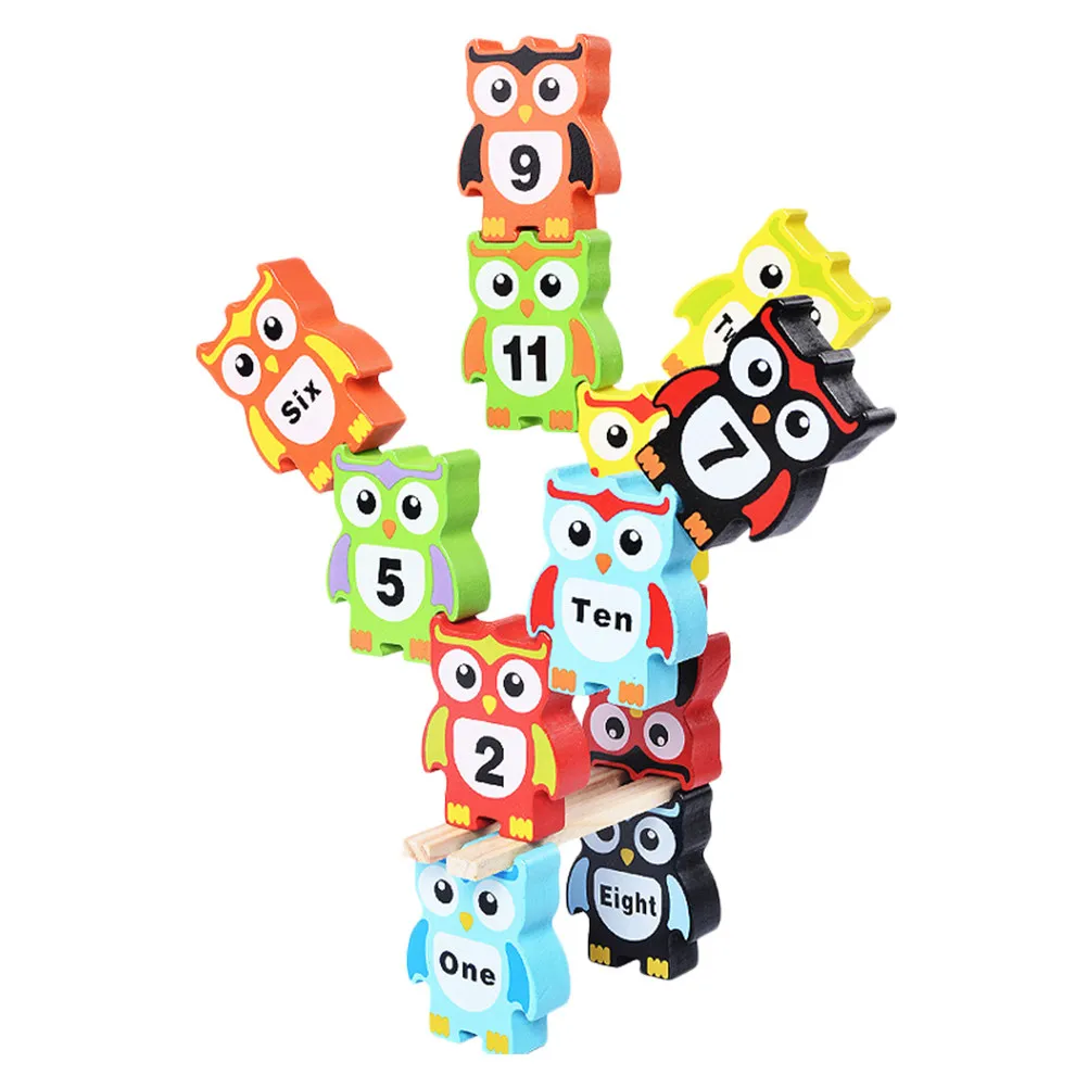 1Set Wooden Owl Pattern Number Stack Blocks Educational Balance Cognitive Activity for Toddler Festival Gift Blocks