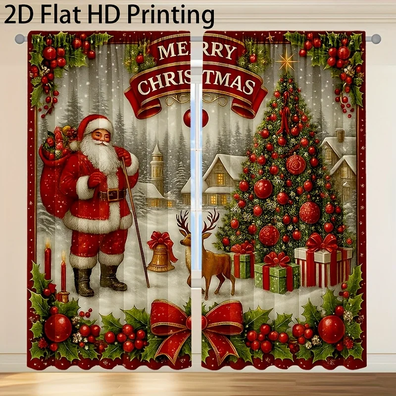 Merry Christmas Holiday Window Curtain Xmas Scene Festive Xmas Decor Curtain for Living Room Home