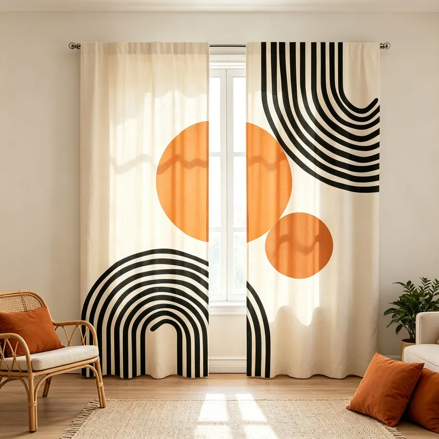 2PCS Digital Print Curtain, Geometric Orange Circle Black Arch Pattern, Mid Century Modern Style for Living Room Office Decor