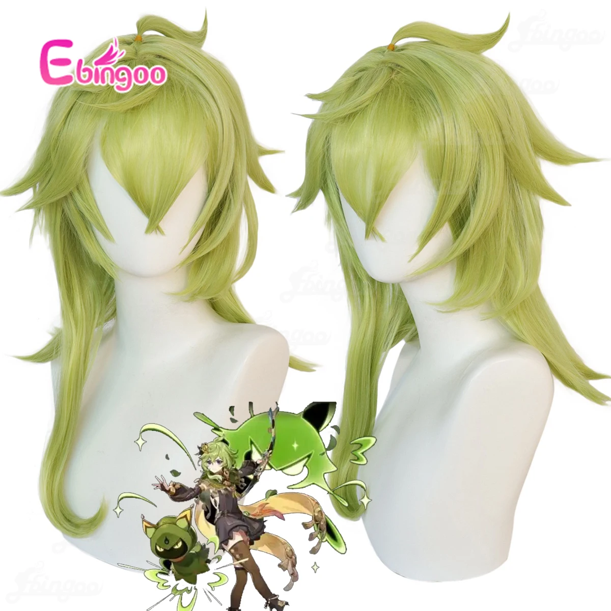 Ebingoo Synthetic Collei Cosplay Wig Anime Genshin Impact Long Green Heat Resistant Fiber Wavy Machine Made for Halloween Party