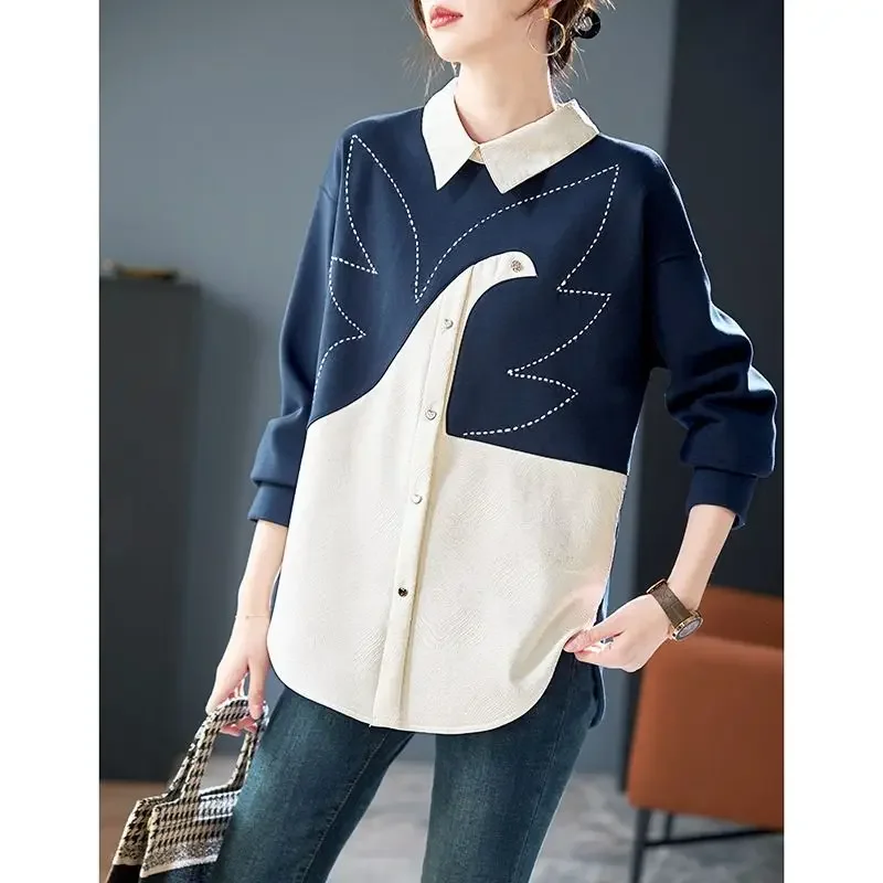 Color blocking long sleeved shirt for women's autumn outfit, new loose and versatile casual patchwork fashion shirt, ins top