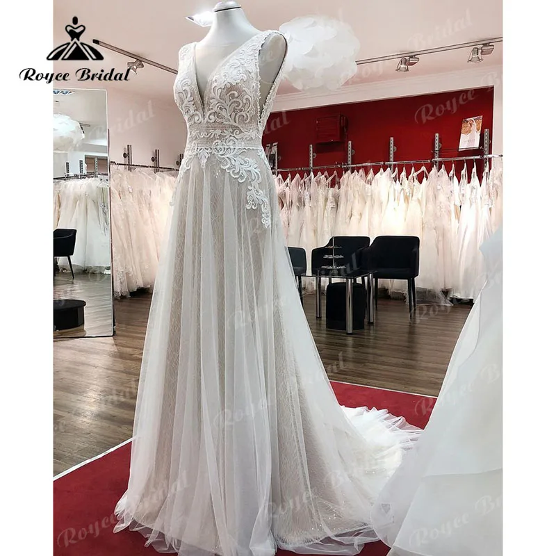 Roycebridal-vestido bohemio de encaje con escote en V, traje sin mangas con Espalda descubierta, para Fiesta de Noche y recepción