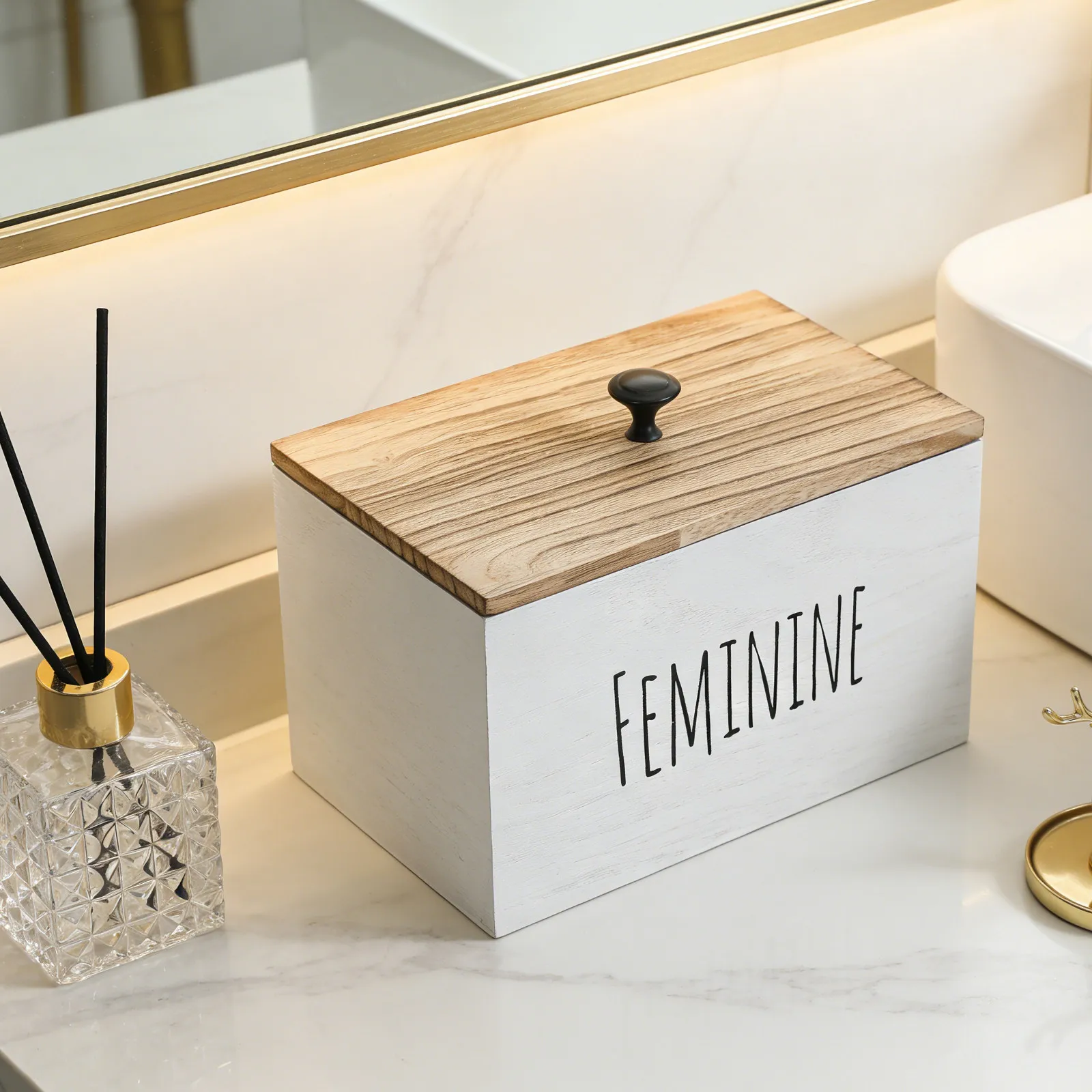 Wood Bathroom Storage Bin with Lid Sanitary Napkin Holder Organizer Feminine Pad Tampon Storage Box Vanity Countertop Makeup