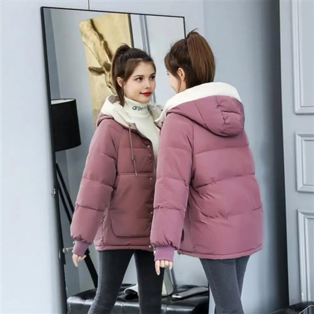 Winter Women Hooded Parkas Drawstring Long Sleeve Cotton Padded Coat Solid Color Zipper Placket Quilted Outwear With Big Pockets