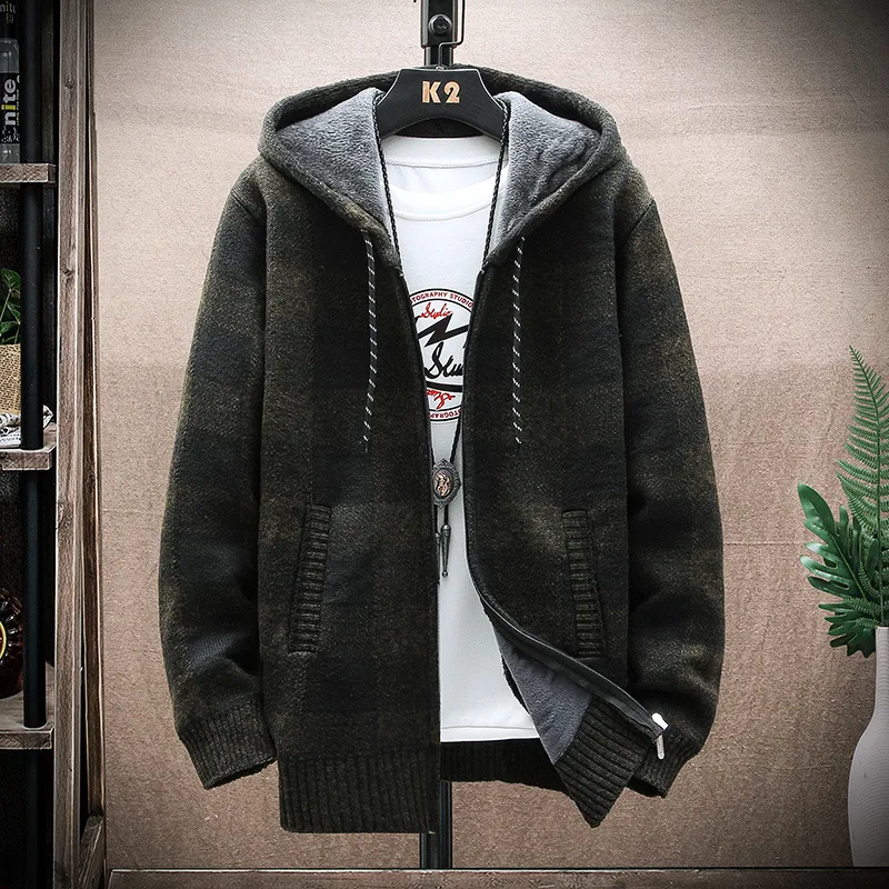 الرجال الشتاء منقوشة معطف بقلنسوة سترة الصوف سميكة محبوك سترة دافئة عادية زمم Harajuku الرجعية متقلب معطف الخريف #2