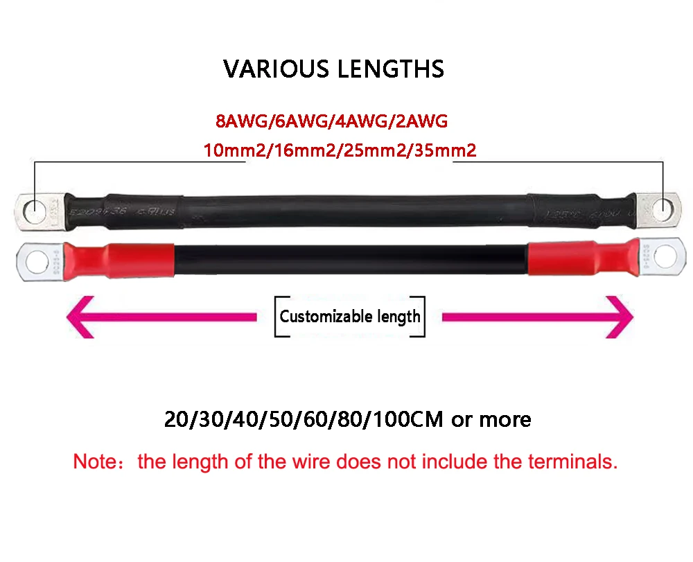 Soft Battery Connection Cable 8/6/4/2AWG Stranded Copper Wire 10/16/25/35mm2 with SC M6 M8 M10 Lug For Inverter Car Solar UPS