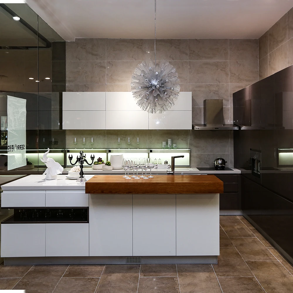 #High Gloss Kitchen Cabinets Two-tone White Black Custom Kitchen Cabinet With Wood Top Island