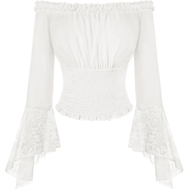 Cross-border Lace Off-shoulder Long-sleeved Shirt for Women 2026 Spring New One-line Collar Ruffle Top