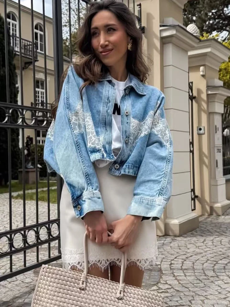 TFMLN 2026 Women's Lace Patchwork Cropped Denim Coat Lapel Long Sleeve Loose Fit Button Up Jacket Casual Lady Streetwear