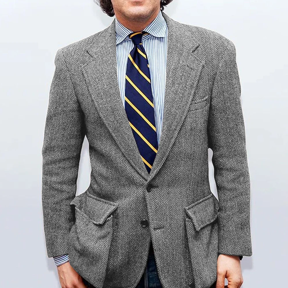 

Fashion Suit Jackets for Man Notch Lapels Urban Blazers Business Single-Breasted Men's Social Coat Vintage Herringbone Fabric
