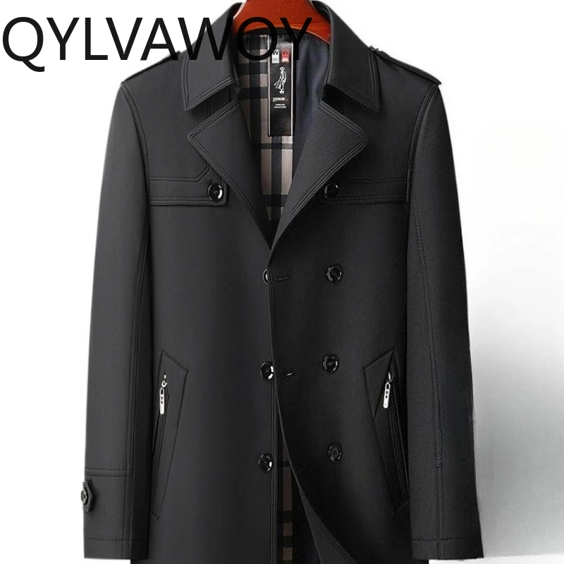QYLVAWOY 2025 Spring Autumn New Men's Mid-Length Trench Coat Cape Middle-Aged Business Casual Warm High-Quality Outerwear LJ2770